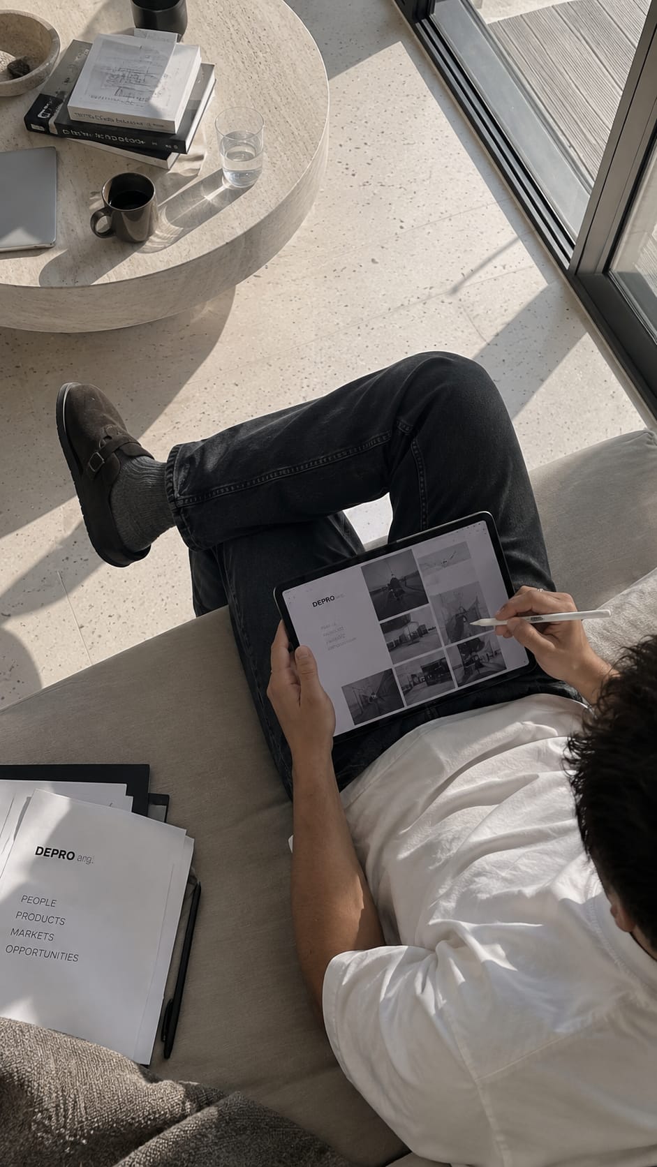 Persona revisando en una tablet una presentación de DEPRO arg. junto a carpetas de la marca