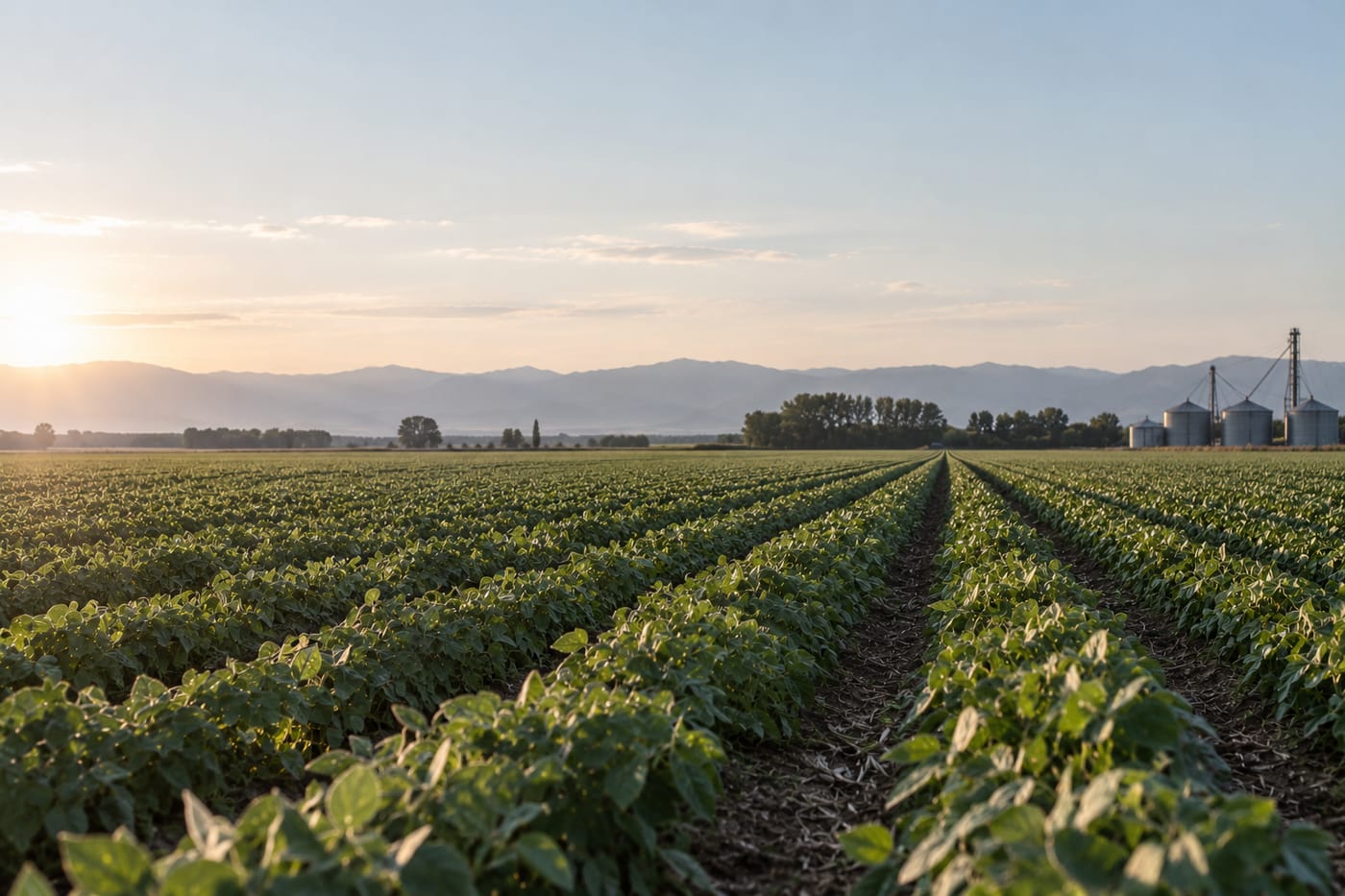 Campo cultivado en hileras al atardecer con montañas de fondo